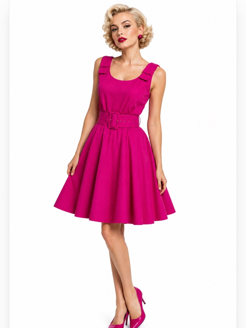 CUTEST Vintage 80’s Retro Pink Bow Cotton Fit Flare Skater Belted Dress XS 2
